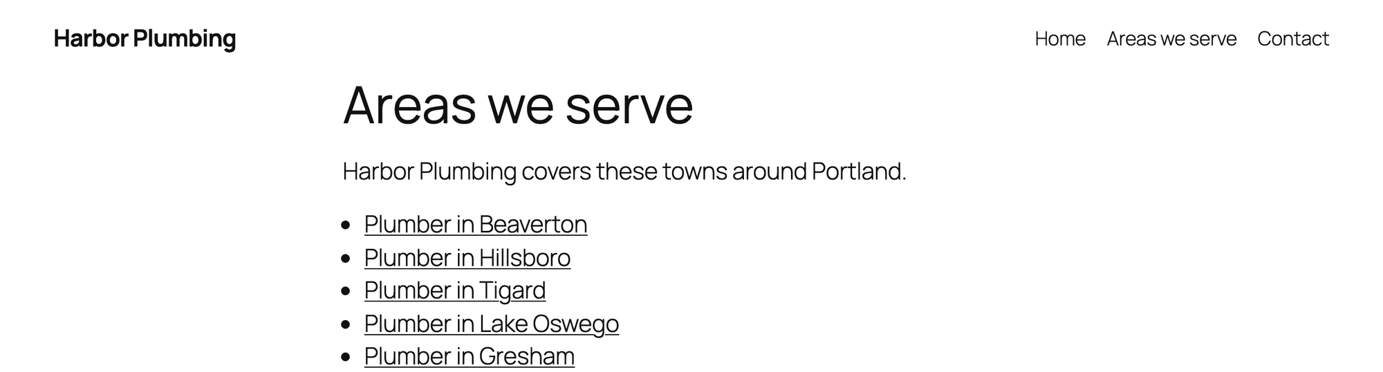 The Areas we serve page listing links to the five town pages