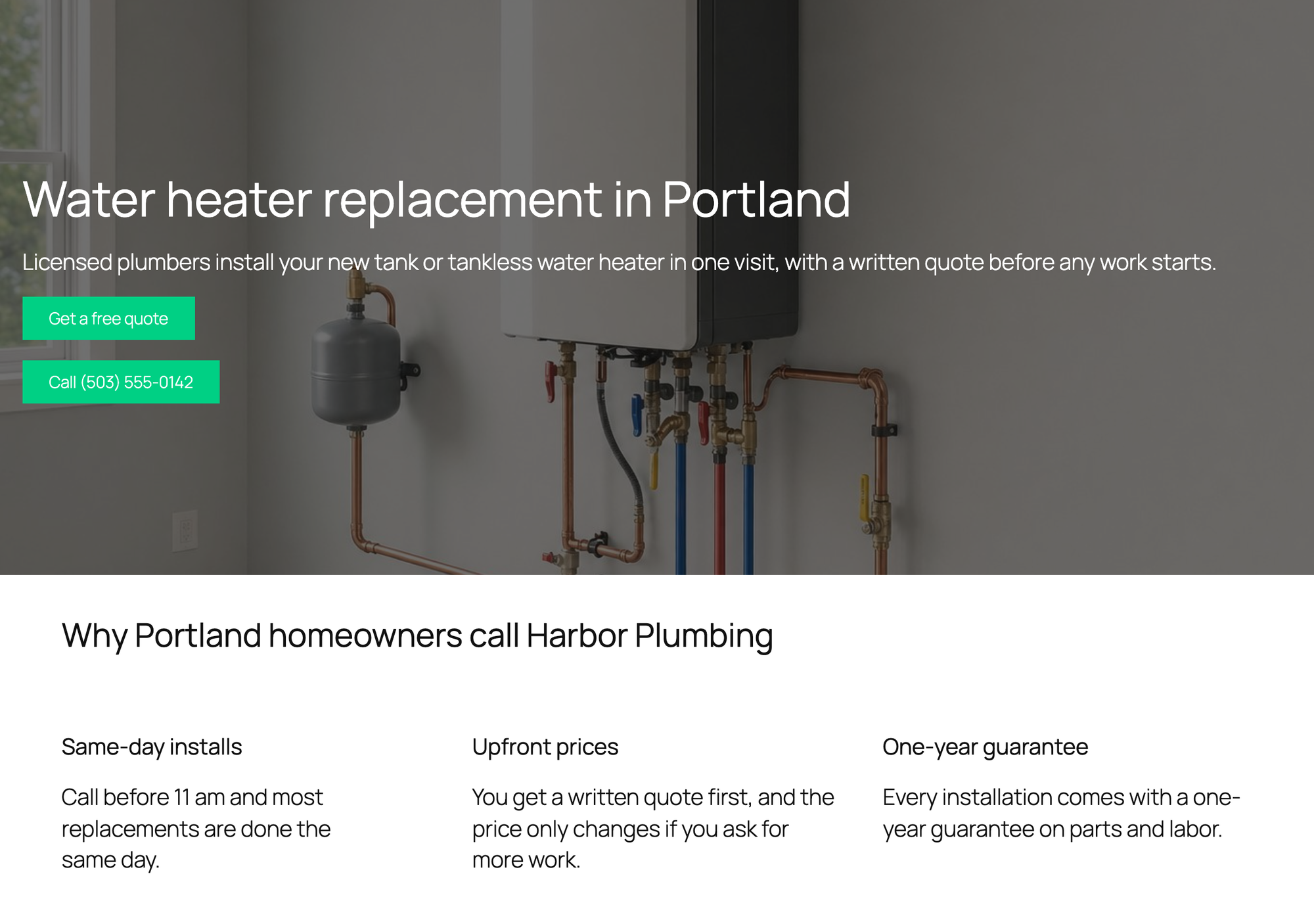 The Harbor Plumbing landing page built with GreenShift on its Clean Canvas template, without the theme header