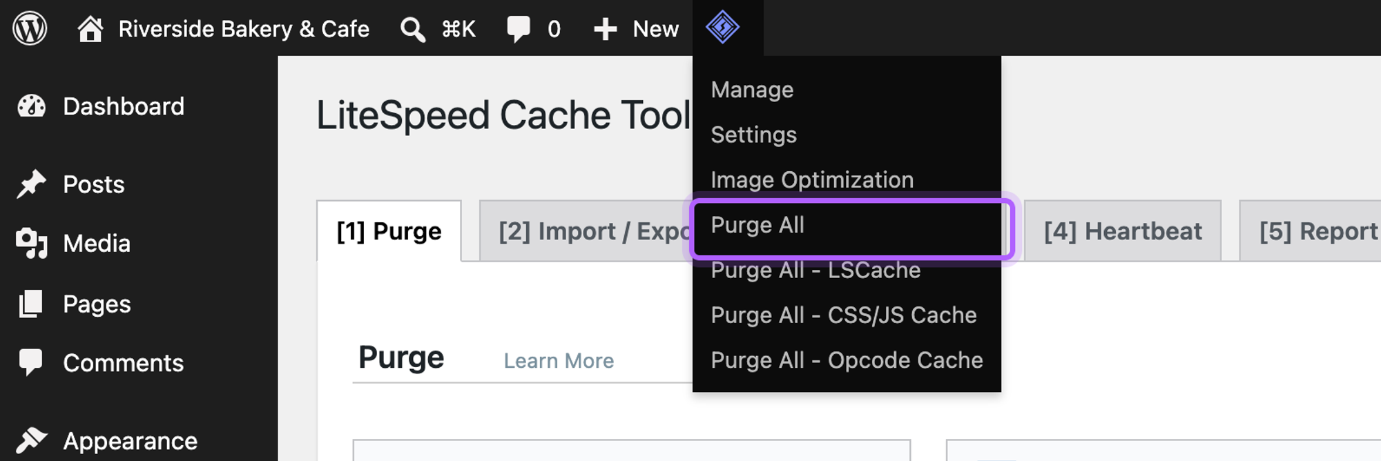 The LiteSpeed Cache admin bar menu with Purge All highlighted