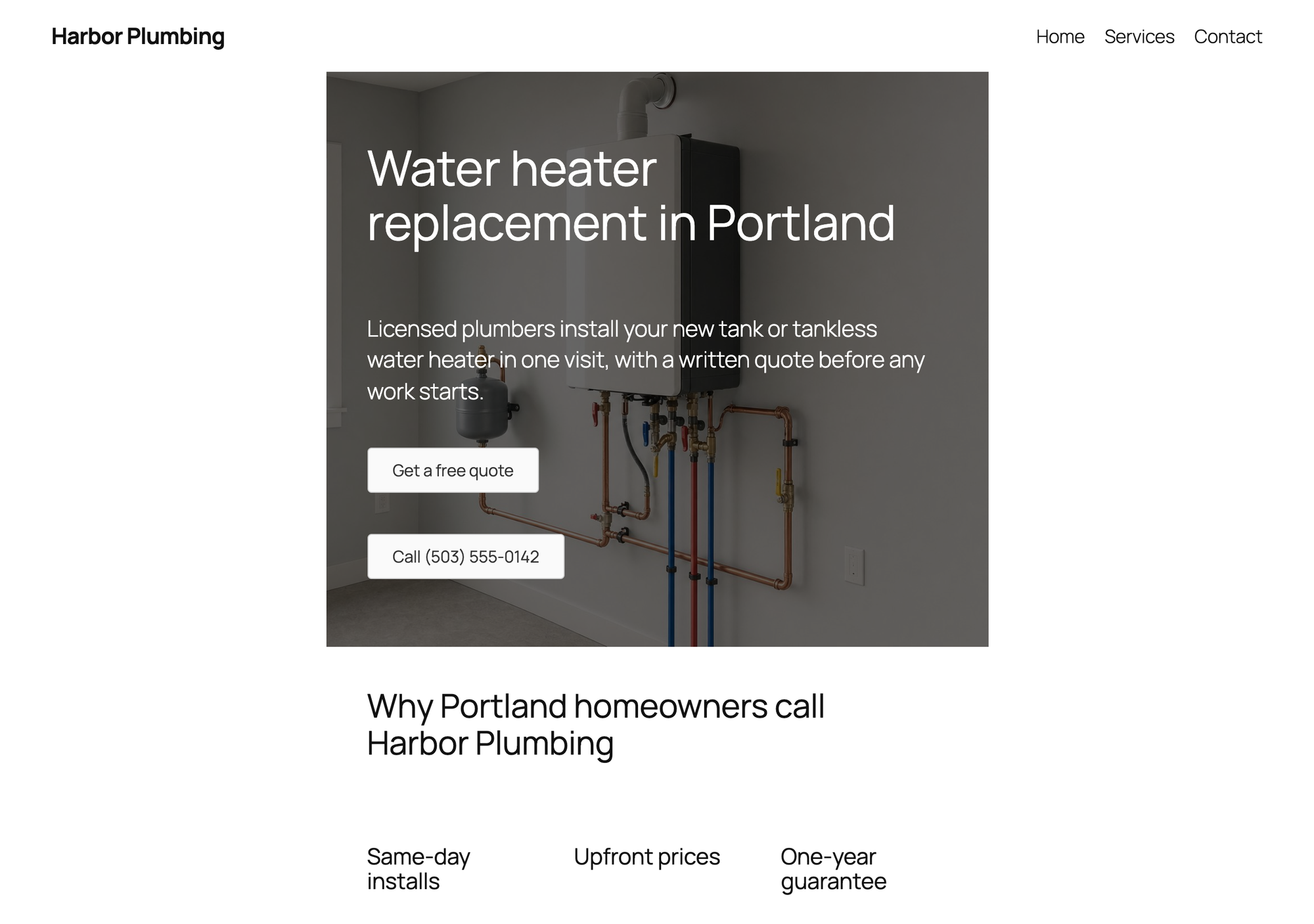 The Harbor Plumbing landing page built with Beaver Builder Lite inside the Twenty Twenty-Five content column