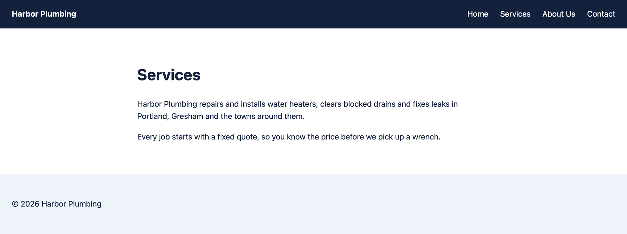 The Services page in the Harbor Classic theme: dark header with the site title and the menu, the page title and text, and the footer