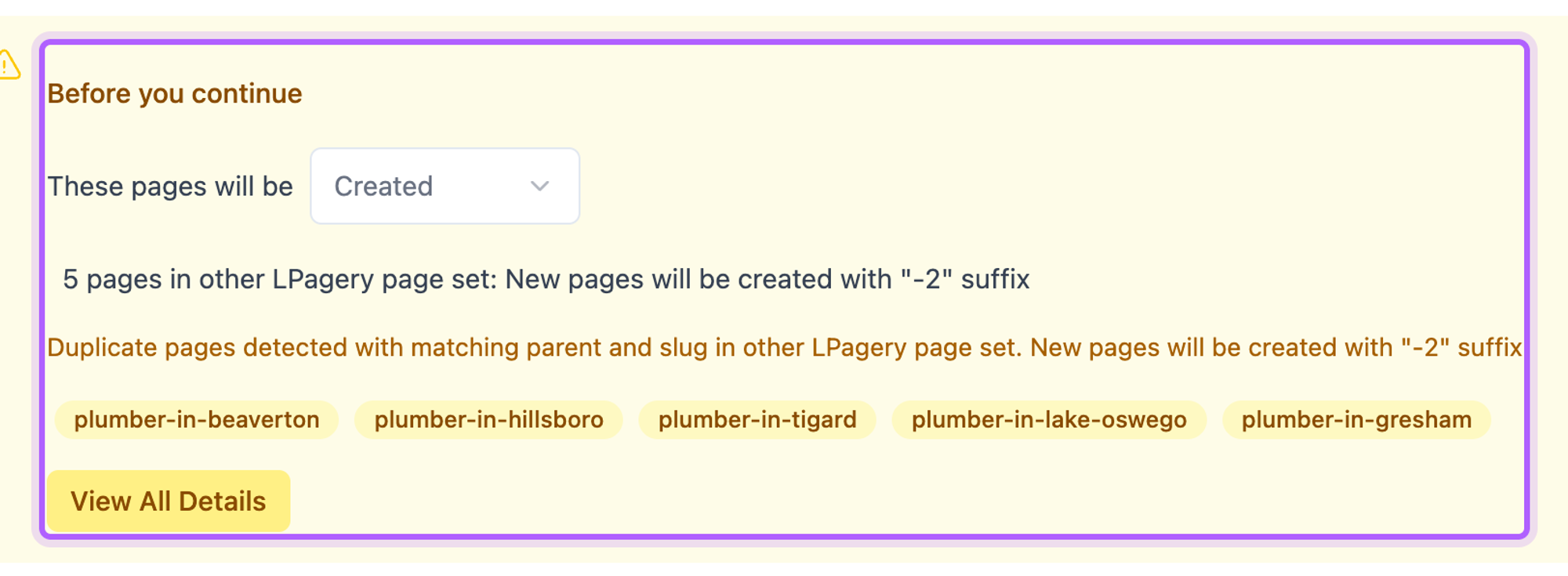 LPagery's Before you continue warning that duplicate pages exist and new pages will be created with a -2 suffix