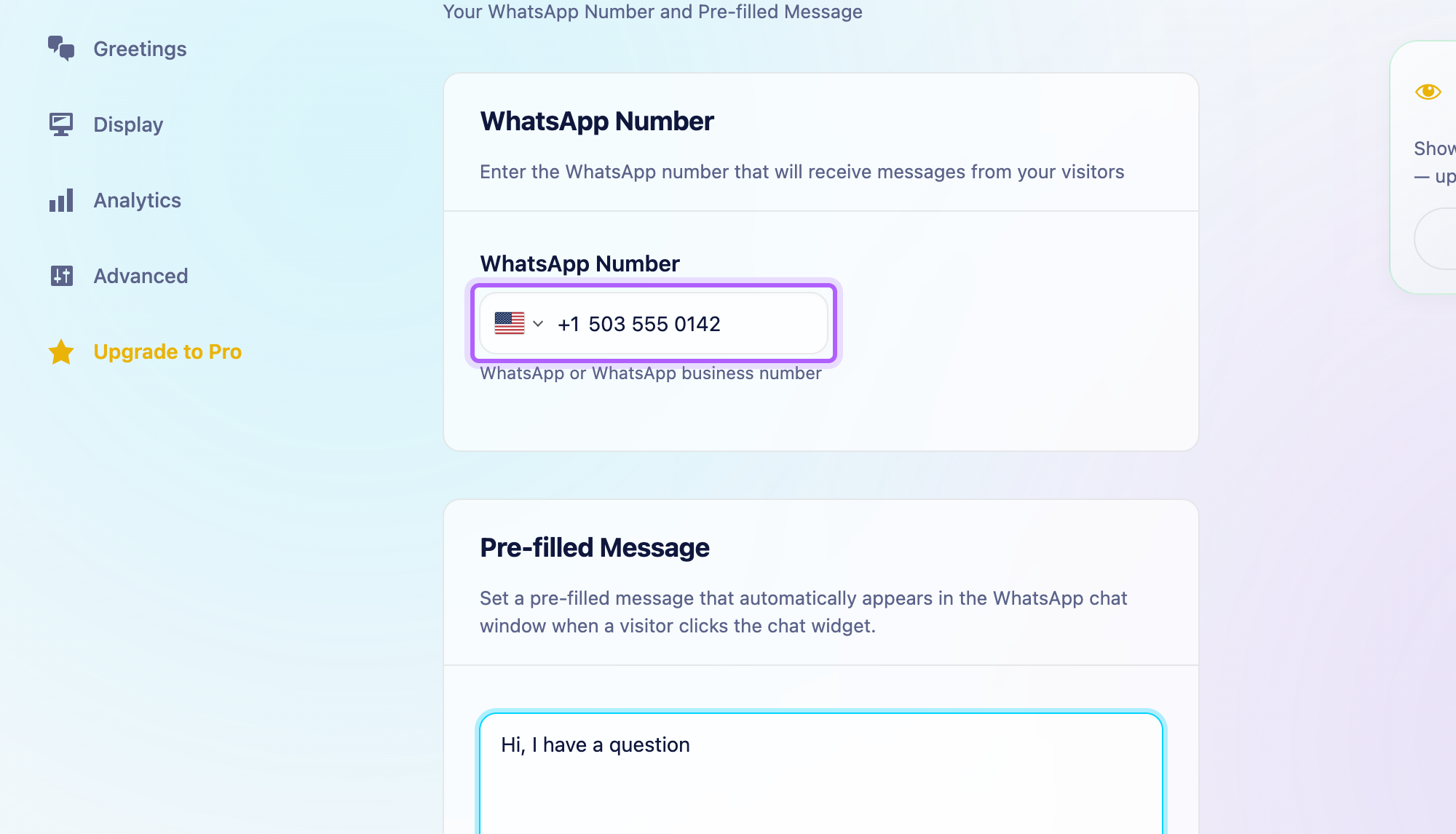 Click to Chat's General Settings with the WhatsApp number field highlighted and the prefilled message below it