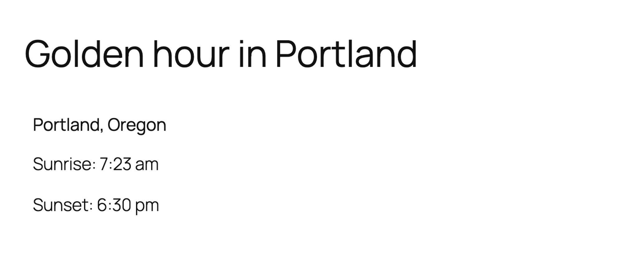 The published page Golden hour in Portland as a visitor sees it, with the widget showing Portland, Oregon, Sunrise: 7:23 am and Sunset: 6:30 pm