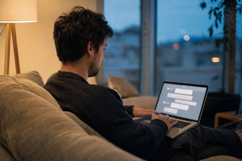 Person on a sofa typing a question into an AI chat on a laptop