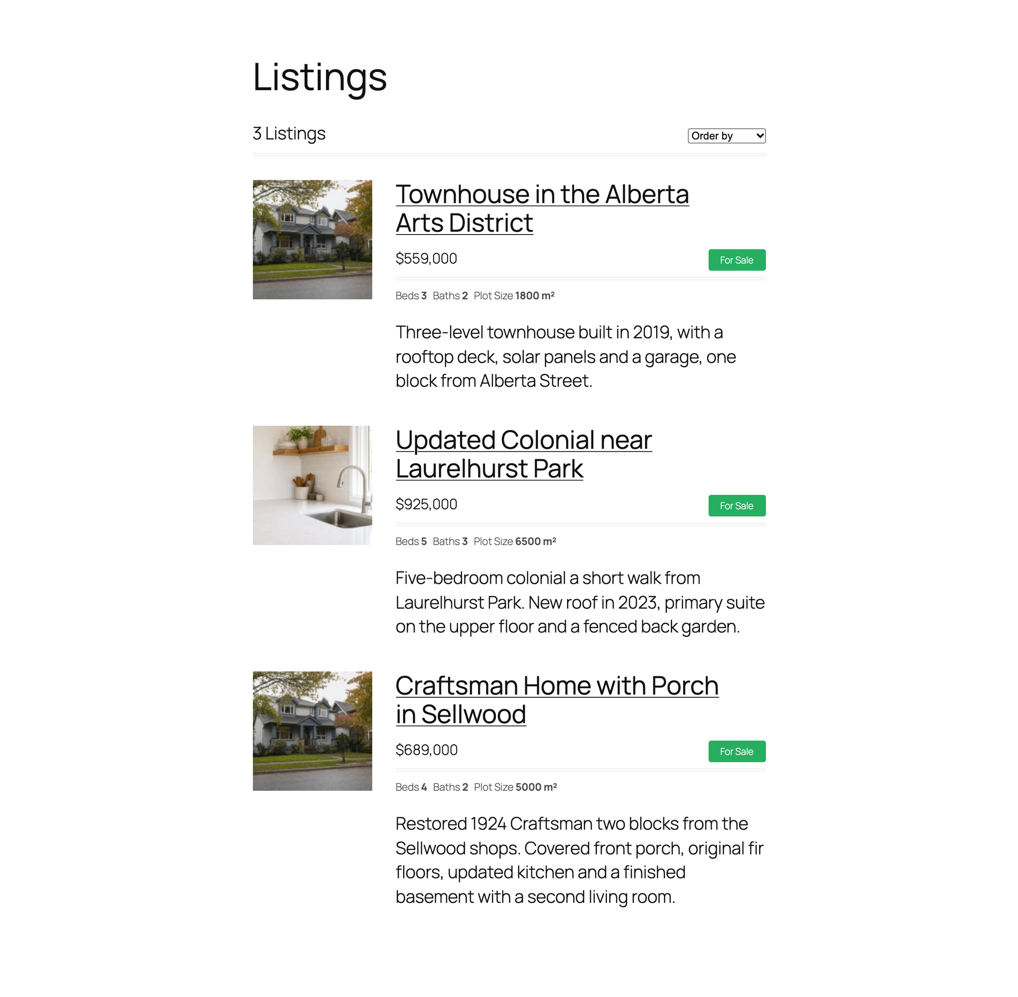 WPCasa's search form and results after choosing 3 beds, showing three listings