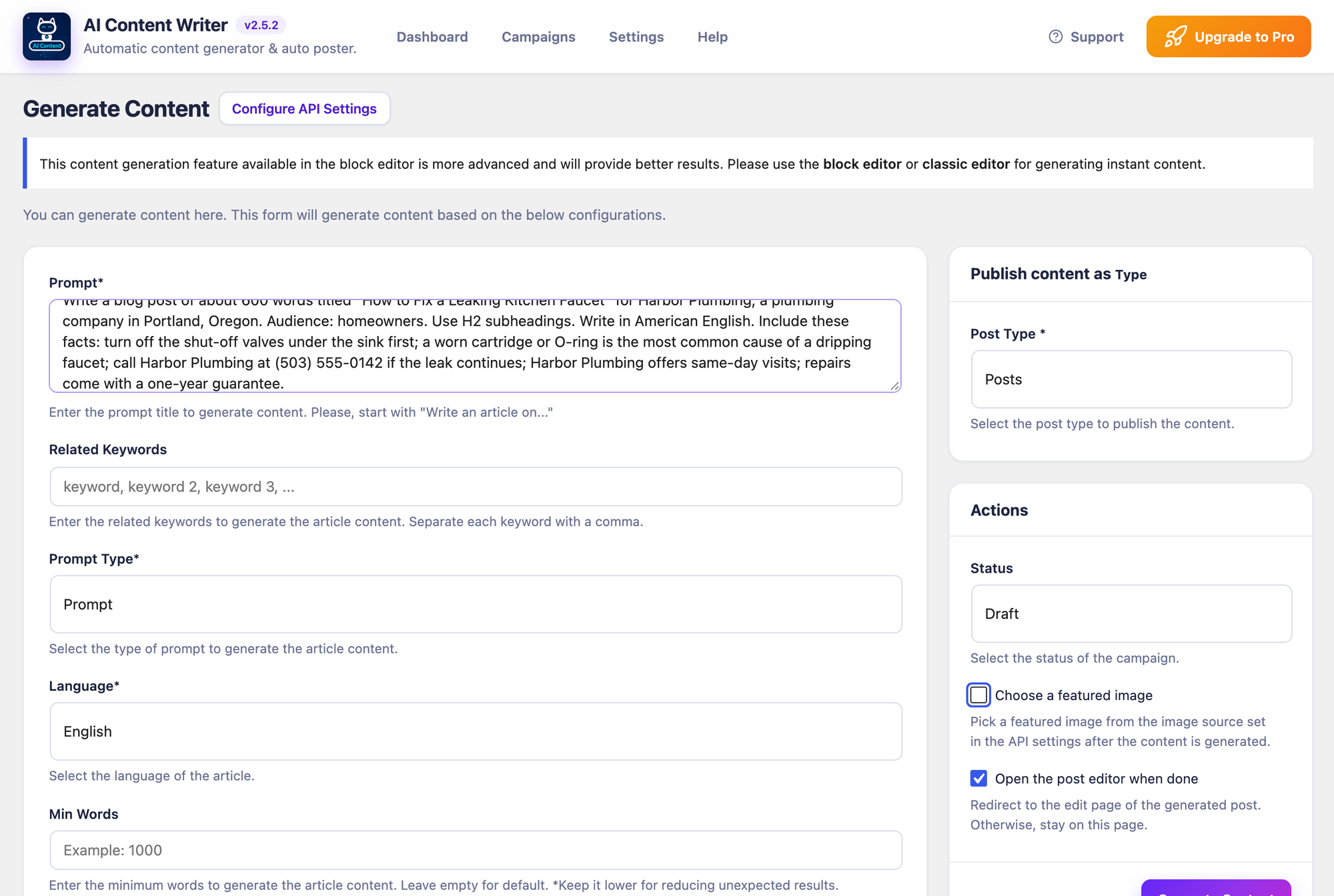 AI Content Writer's Generate Content screen with the faucet brief in the Prompt field and Status set to Draft