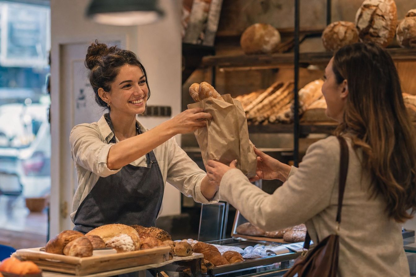 Bakery owner handing a bag of bread to a happy customer