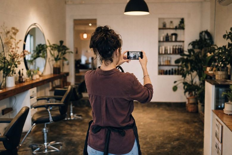 Salon owner photographing her hair salon with a smartphone