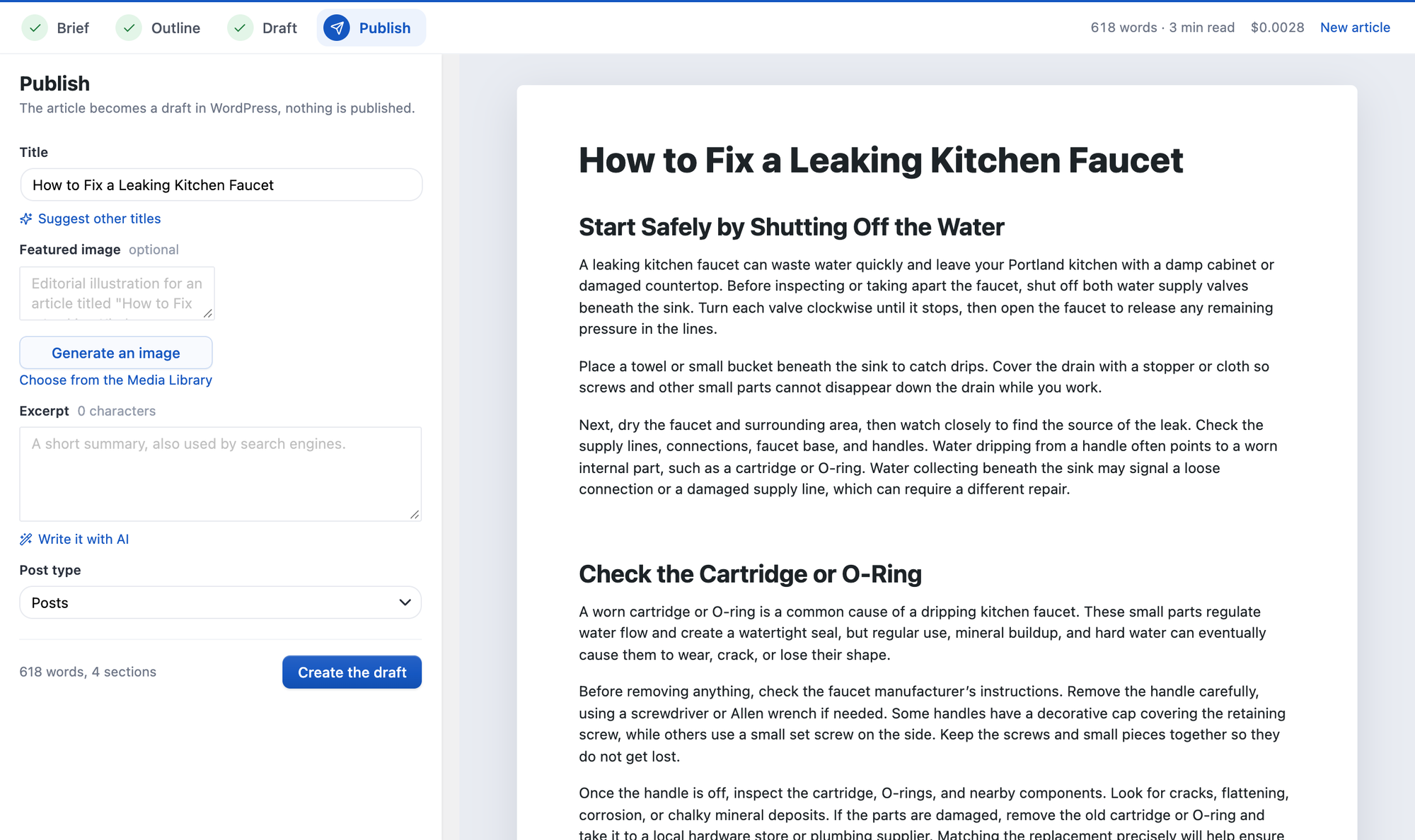 AI Engine's Content Studio on the Publish step, with the finished faucet article, its word count and the cost of the run