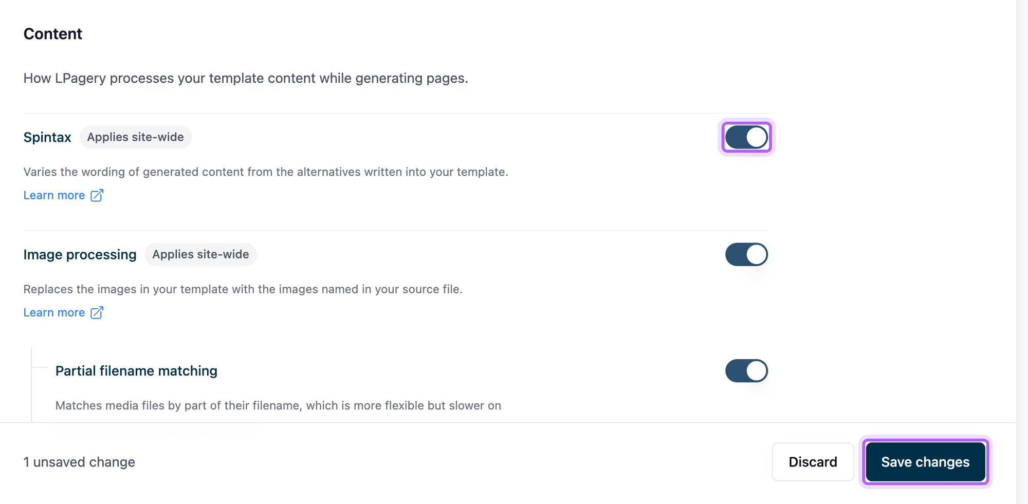 LPagery's Generation settings with the Spintax switch turned on and the Save changes button highlighted