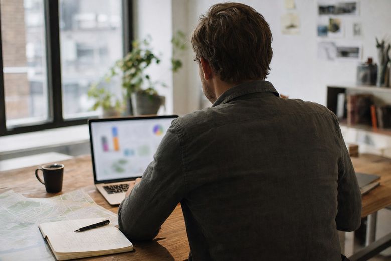 Marketing consultant working on a laptop next to a printed street map
