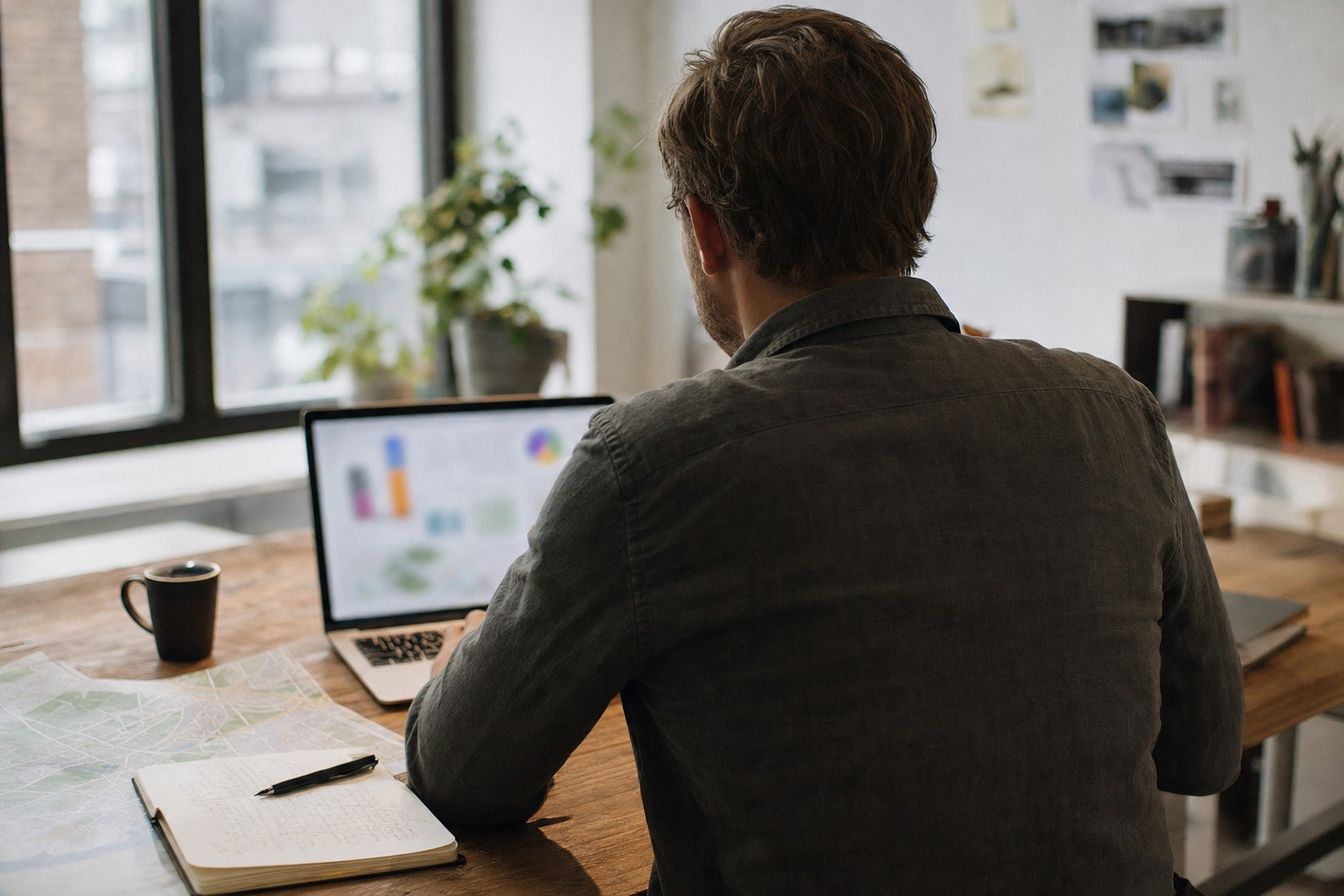 Marketing consultant working on a laptop next to a printed street map