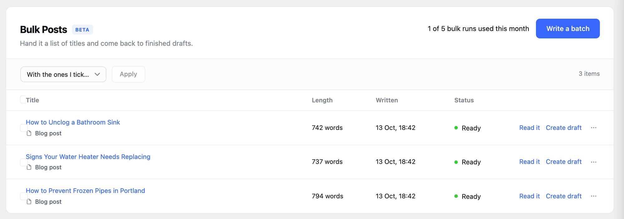 WP Wand's Bulk Posts list with three posts of 742, 737 and 794 words marked Ready, each with Read it and Create draft