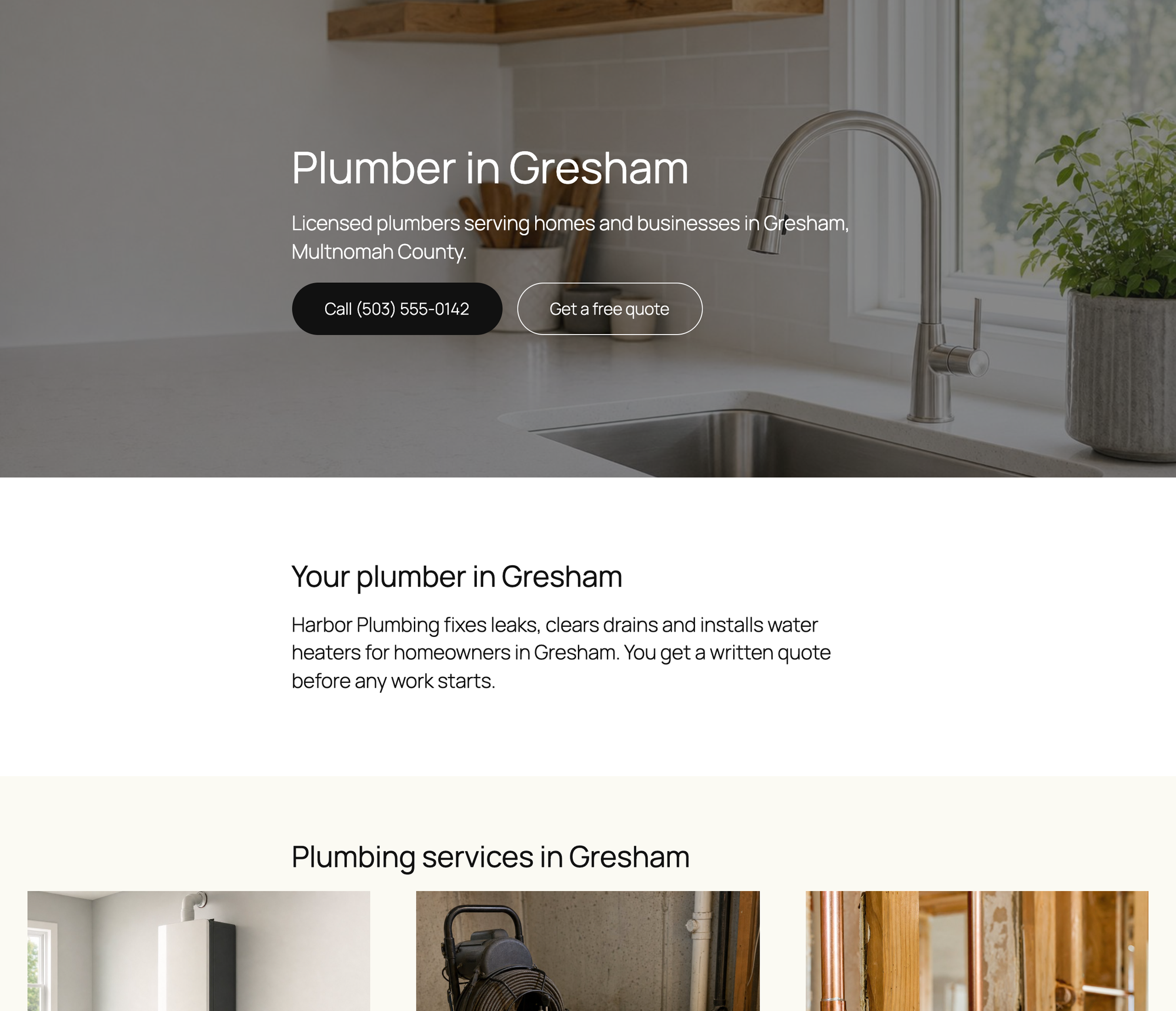 The generated Plumber in Gresham page with a hero, a call button and the Gresham service text