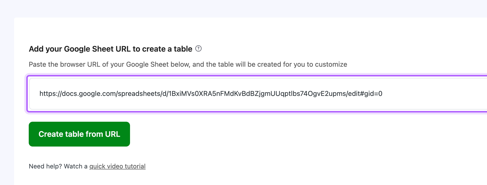 FlexTable's Add your Google Sheet URL to create a table screen with the sheet link pasted into the URL field, outlined