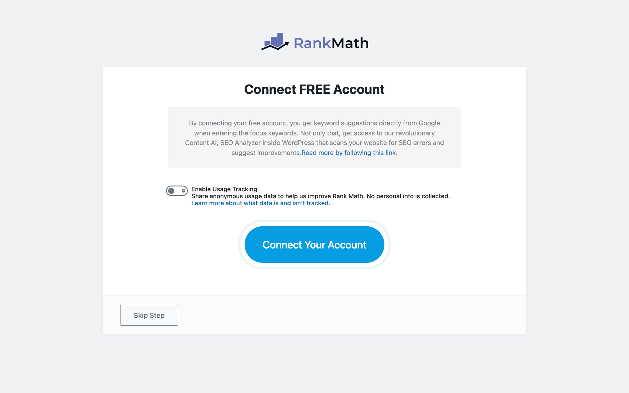 Rank Math's setup screen asking to Connect FREE Account before Content AI can be used