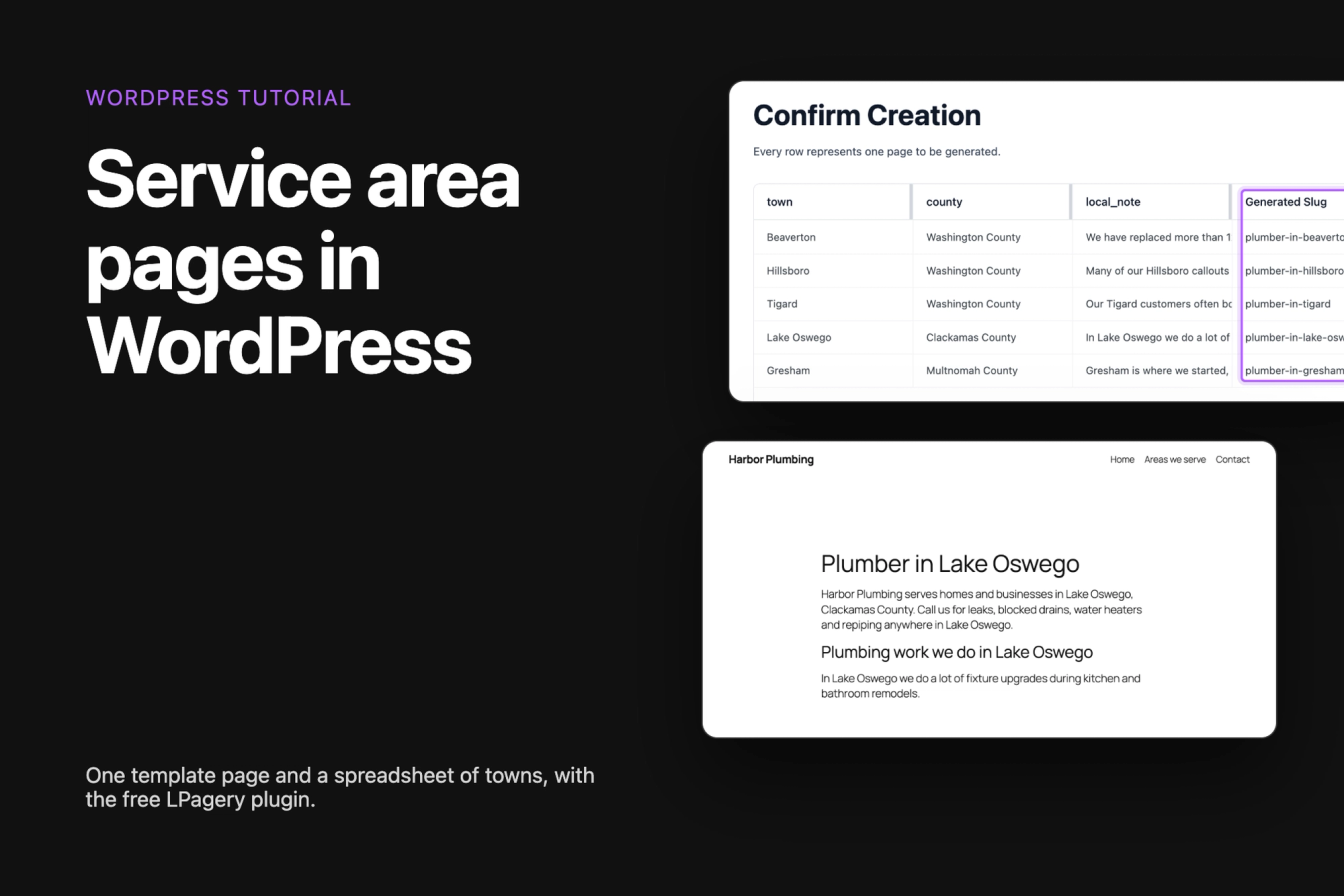 How to create service area pages in WordPress, with LPagery's review of five town pages and one finished page for Lake Oswego