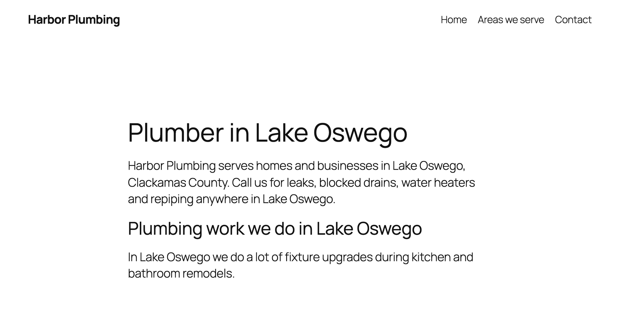 The published Plumber in Lake Oswego page, with the town, county and the Lake Oswego note filled in