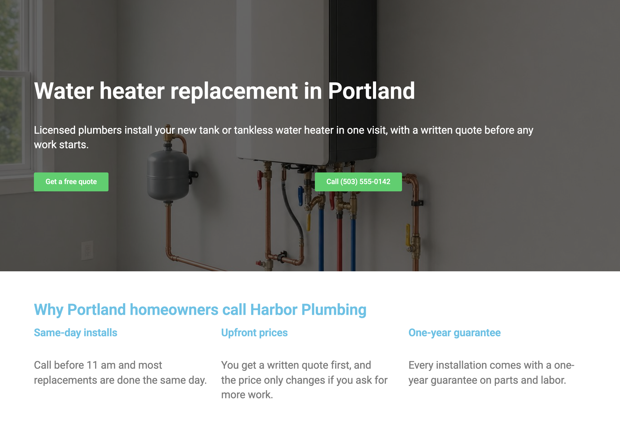 The Harbor Plumbing landing page built with Elementor on the Elementor Canvas layout, without the theme header