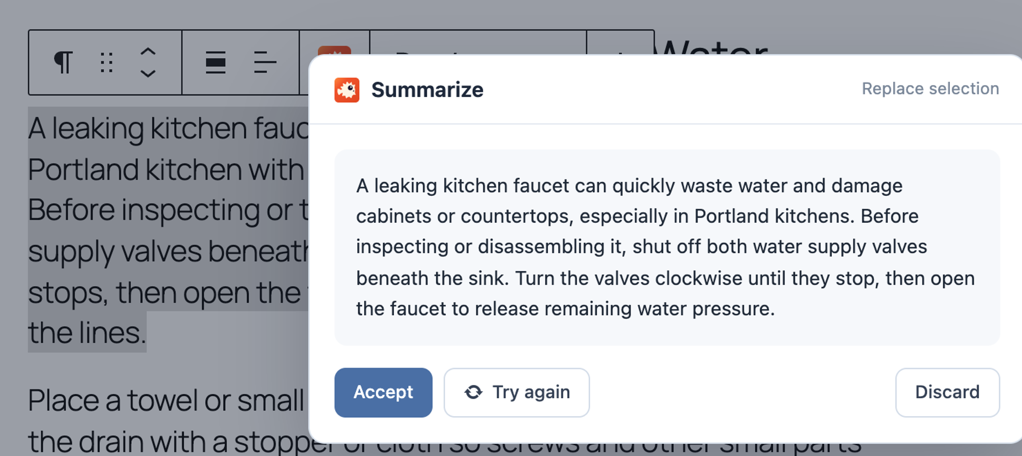 AI Puffer's Summarize dialog with the shortened faucet paragraph and the Accept, Try again and Discard buttons