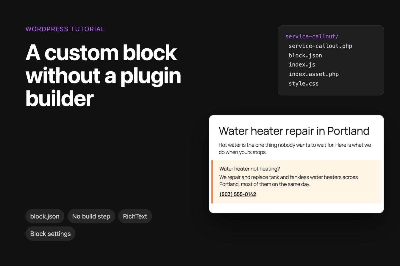 The five files of the service-callout block plugin next to the published page with the orange Service callout box and its phone link