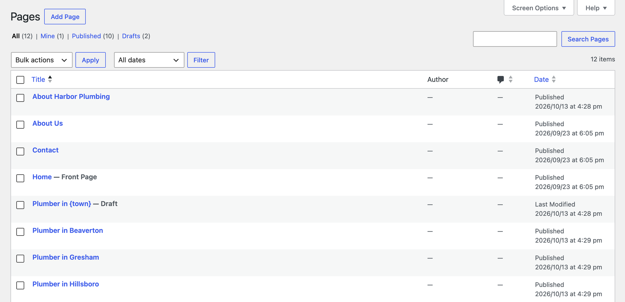 The WordPress Pages list with the town pages the free LPagery plugin created from one template and a CSV file