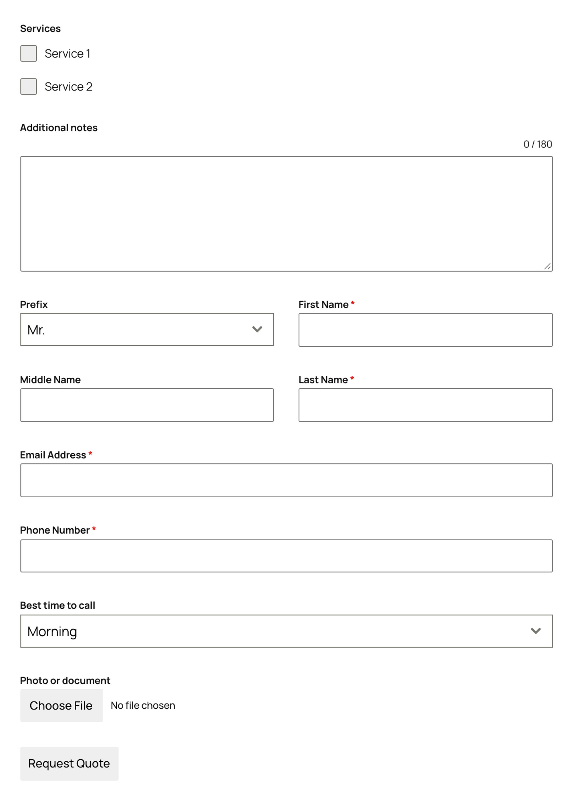 The Forminator Quote Request form with services, notes, name, email, phone, best time to call and a photo upload