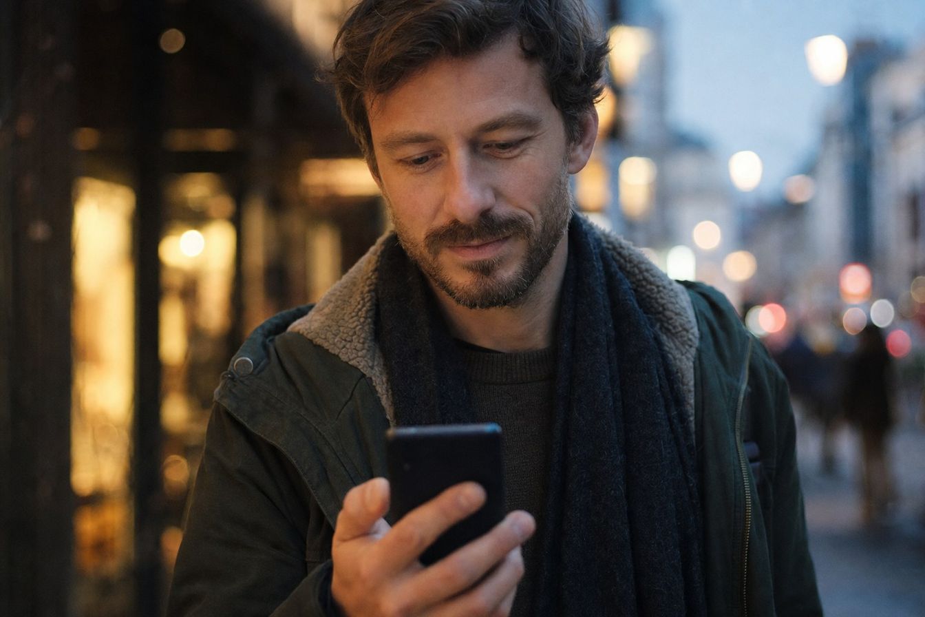 Man on a lit shopping street at dusk looking at his smartphone