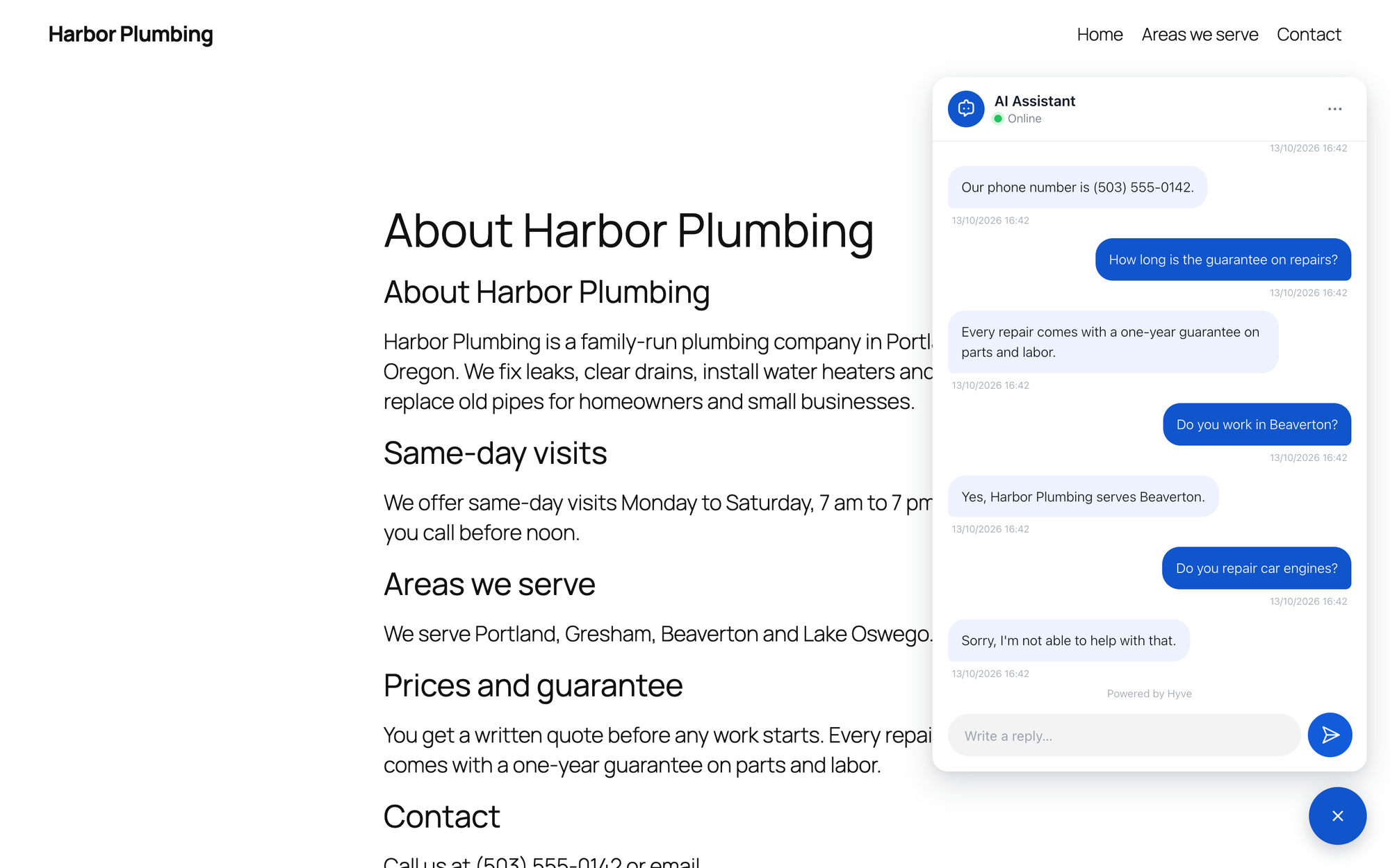 The Hyve Lite chat window on the About page answering the guarantee, Beaverton and car engine questions