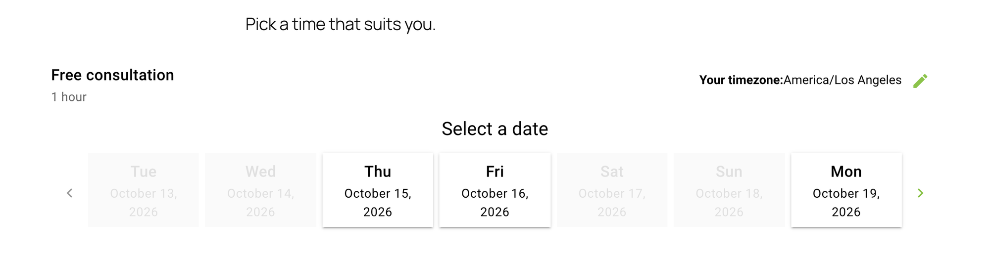 The Simply Schedule Appointments booking form with a row of dates to pick from