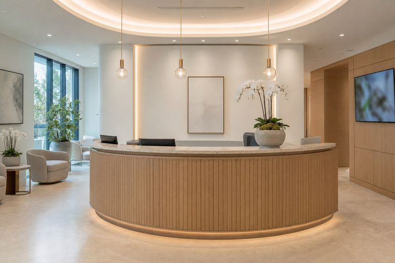 Modern reception area of an upscale cosmetic surgery clinic