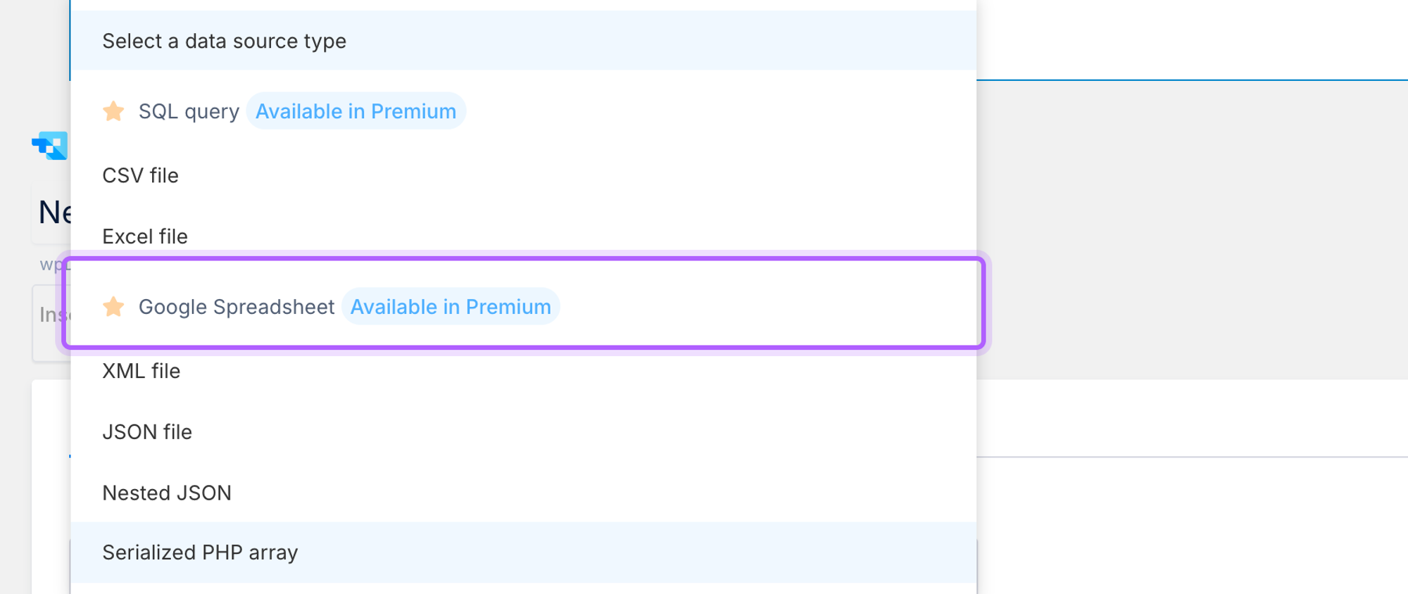 wpDataTables Lite data source list with Google Spreadsheet marked Available in Premium, outlined