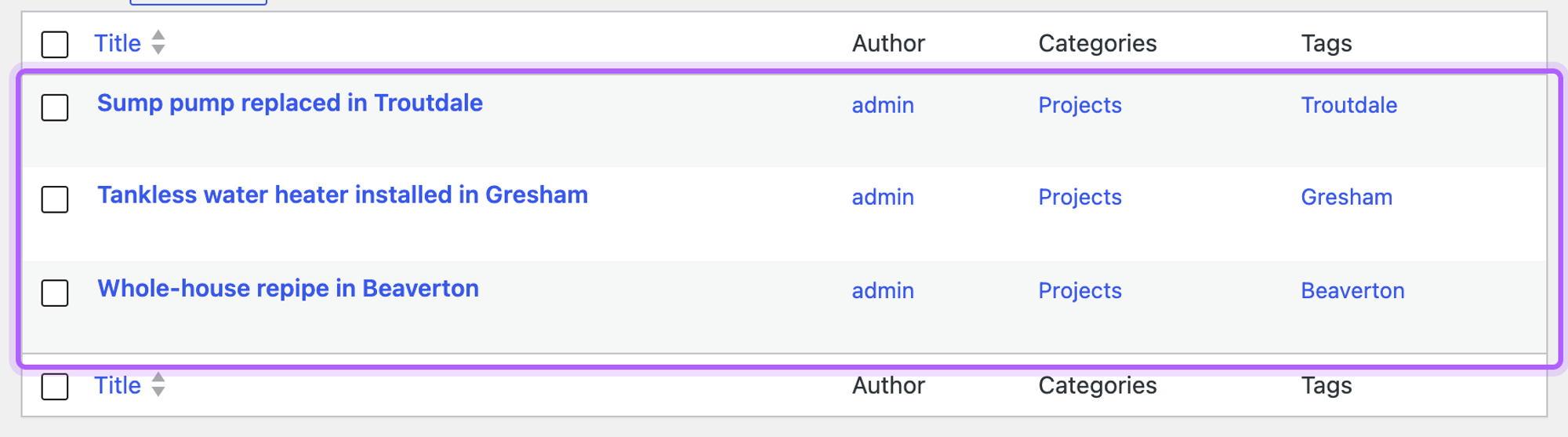 The WordPress posts list with the three posts from the CSV file highlighted, each with admin as author, the Projects category and its town as tag