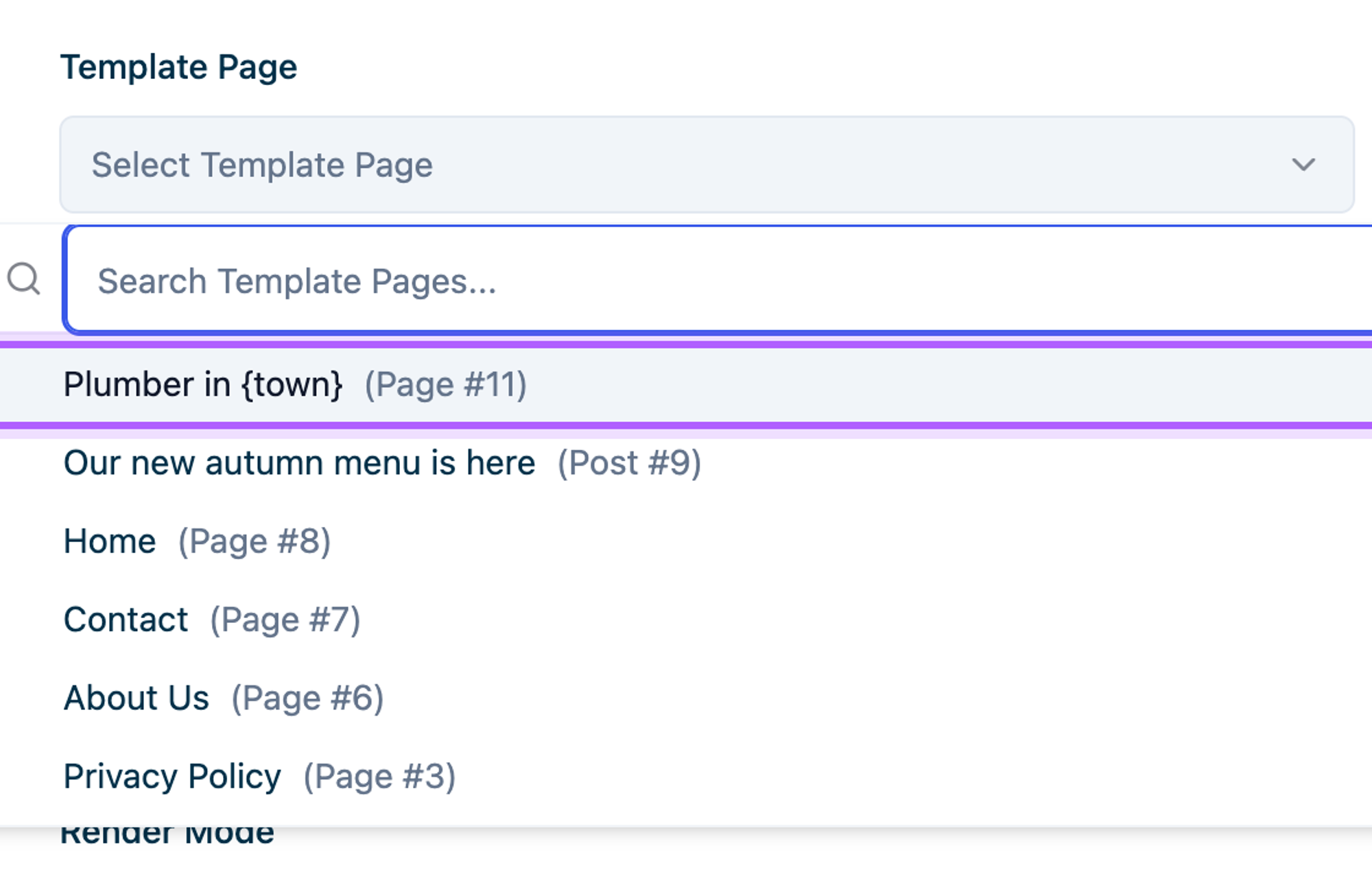 The Template Page dropdown in LPagery with the Plumber in {town} page highlighted