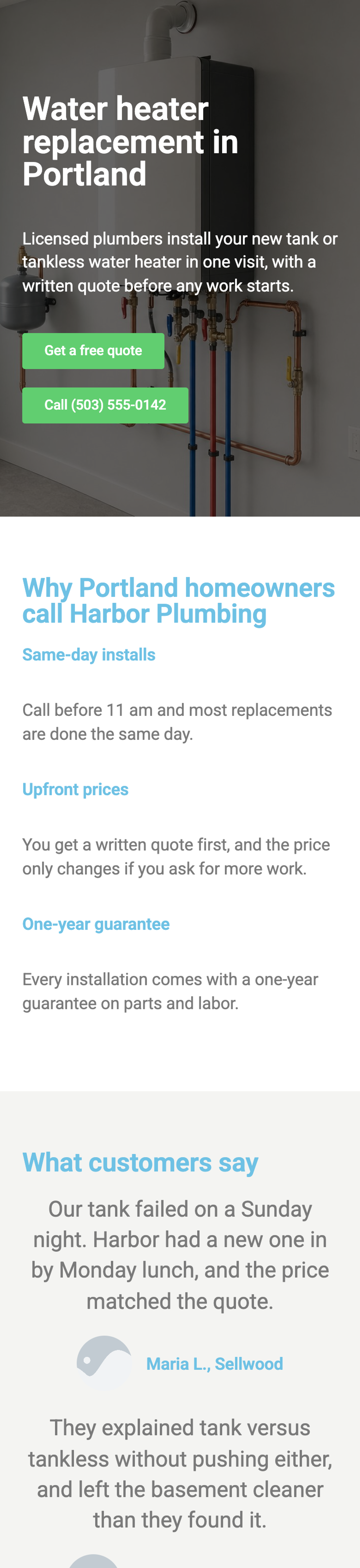 The Elementor landing page on a 390 px phone screen