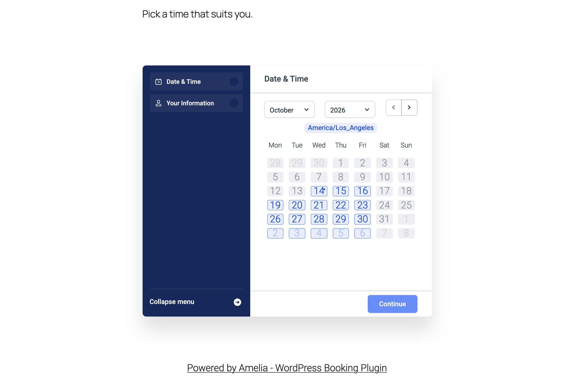 Amelia's booking calendar in America/Los_Angeles time with weekend days greyed out and a Powered by Amelia link below