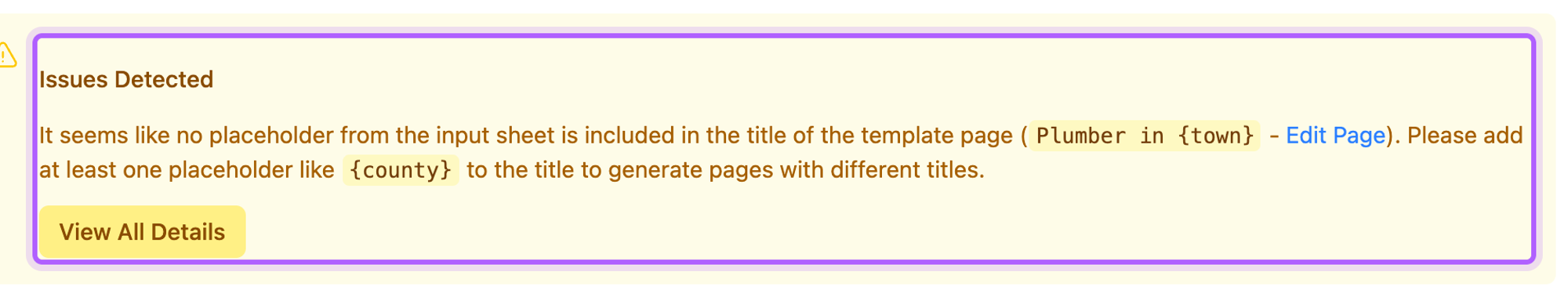 The Issues Detected warning in LPagery's review, saying no placeholder from the source file is in the template page title