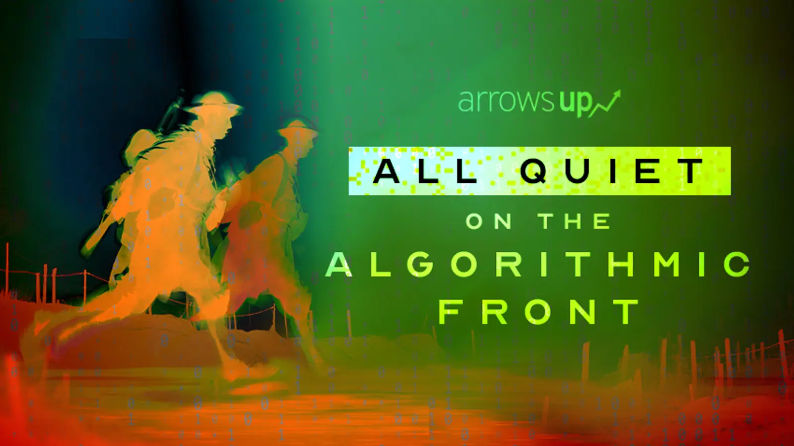 Two World War I soldiers sprinting through muddy trenches, reimagined in bright digital greens and oranges with a subtle overlay of binary code, symbolizing the clash between human endurance and algorithmic shortcuts.