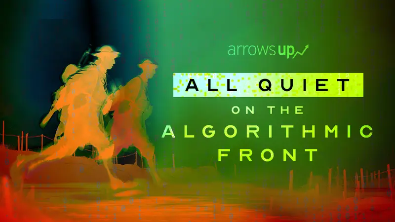 Two World War I soldiers sprinting through muddy trenches, reimagined in bright digital greens and oranges with a subtle overlay of binary code, symbolizing the clash between human endurance and algorithmic shortcuts.