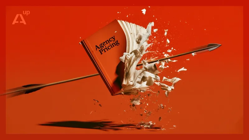 A book labeled "Agency Pricing" being pierced by an arrow with torn paper flying everywhere