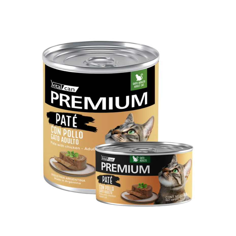 Vital Can Premium Paté con Pollo para gatos adultos, latas de 85 g y 340 g.
