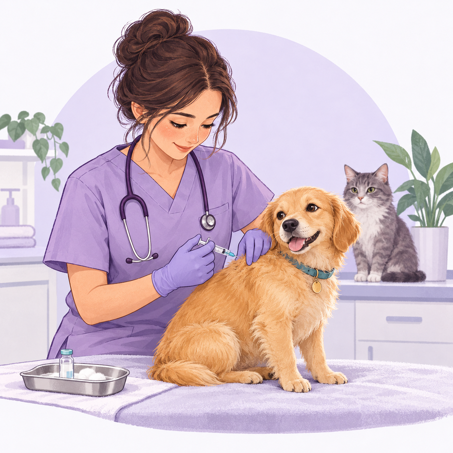 Ilustración de una veterinaria vacunando con cuidado a un perro en el consultorio