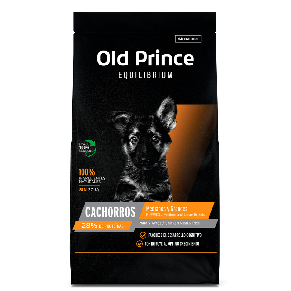 Envase de alimento Old Prince Cachorros Medianos y Grandes Pollo y Arroz para perros