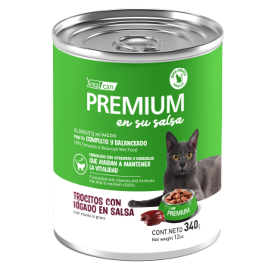 Vital Can Premium para gatos adultos, trocitos con hígado en salsa, lata de 340 g.