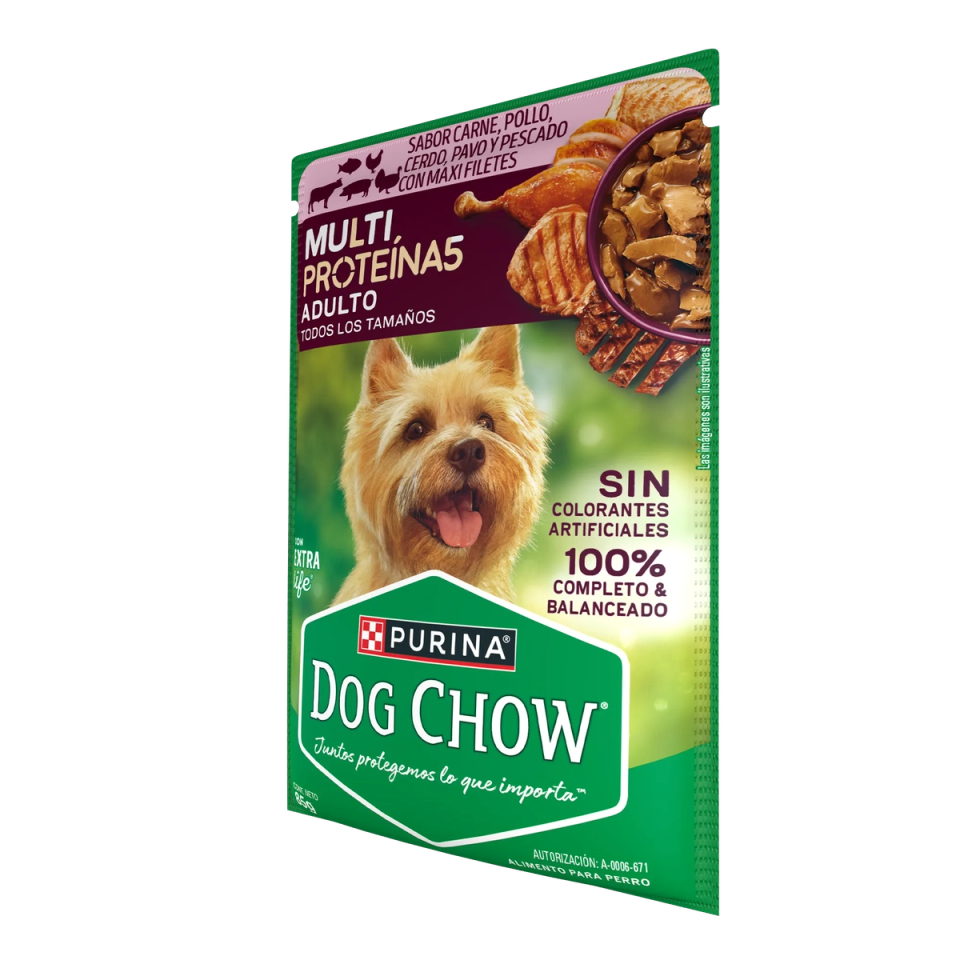 Envase de alimento Dog Chow MultiProteína 5 Adulto Sabrosobre para perros