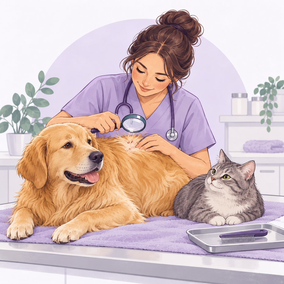 Ilustración de una veterinaria examinando con una lupa la piel y el pelaje de un perro, junto a un gato