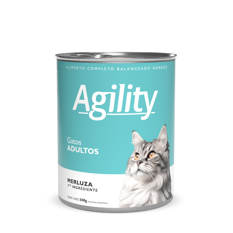 Lata Agility para gatos adultos con merluza, de 340 g