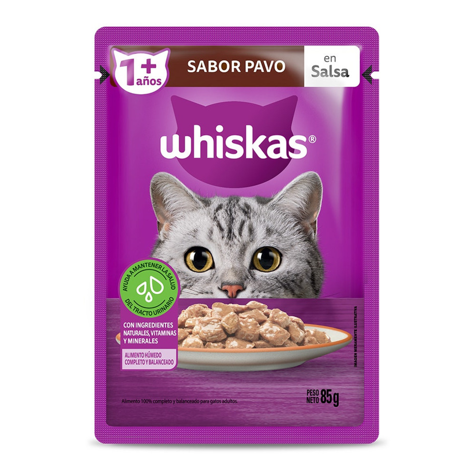 Envase de alimento Whiskas Sobrecito Adultos Pavo en Salsa para gatos