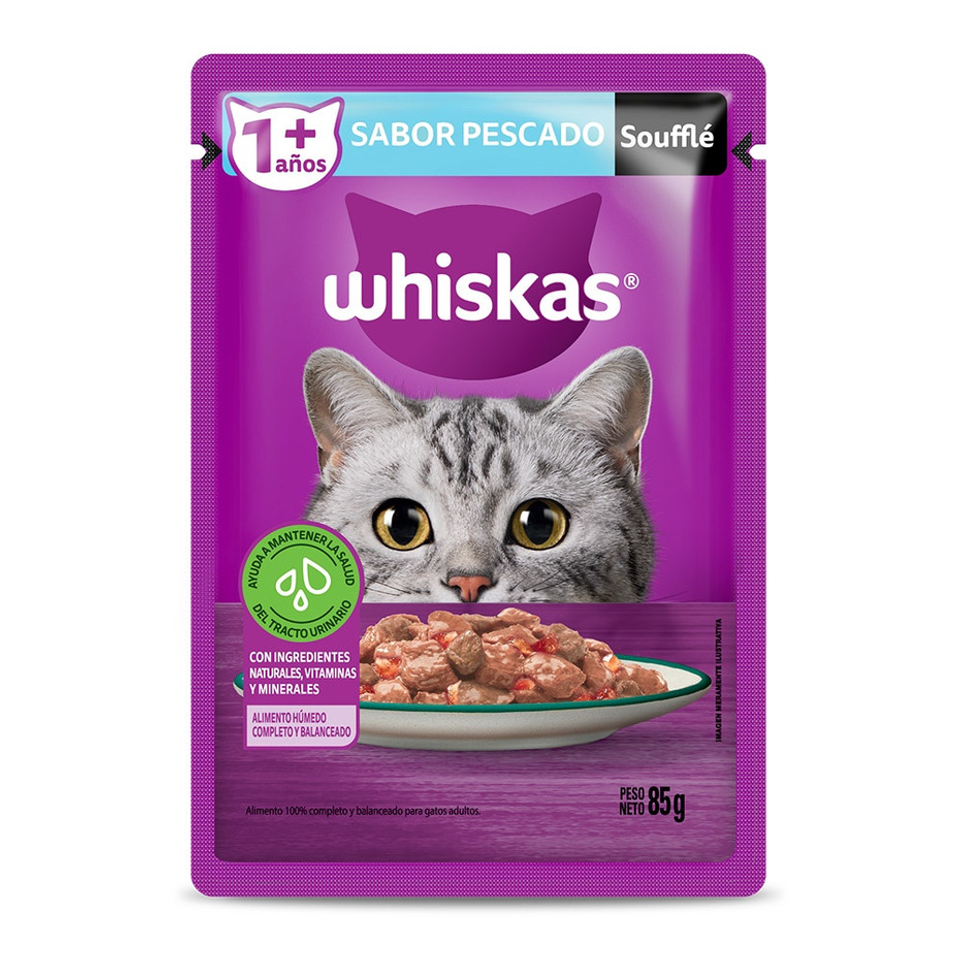 Envase de alimento Whiskas Sobrecito Adultos Pescado en Soufflé para gatos